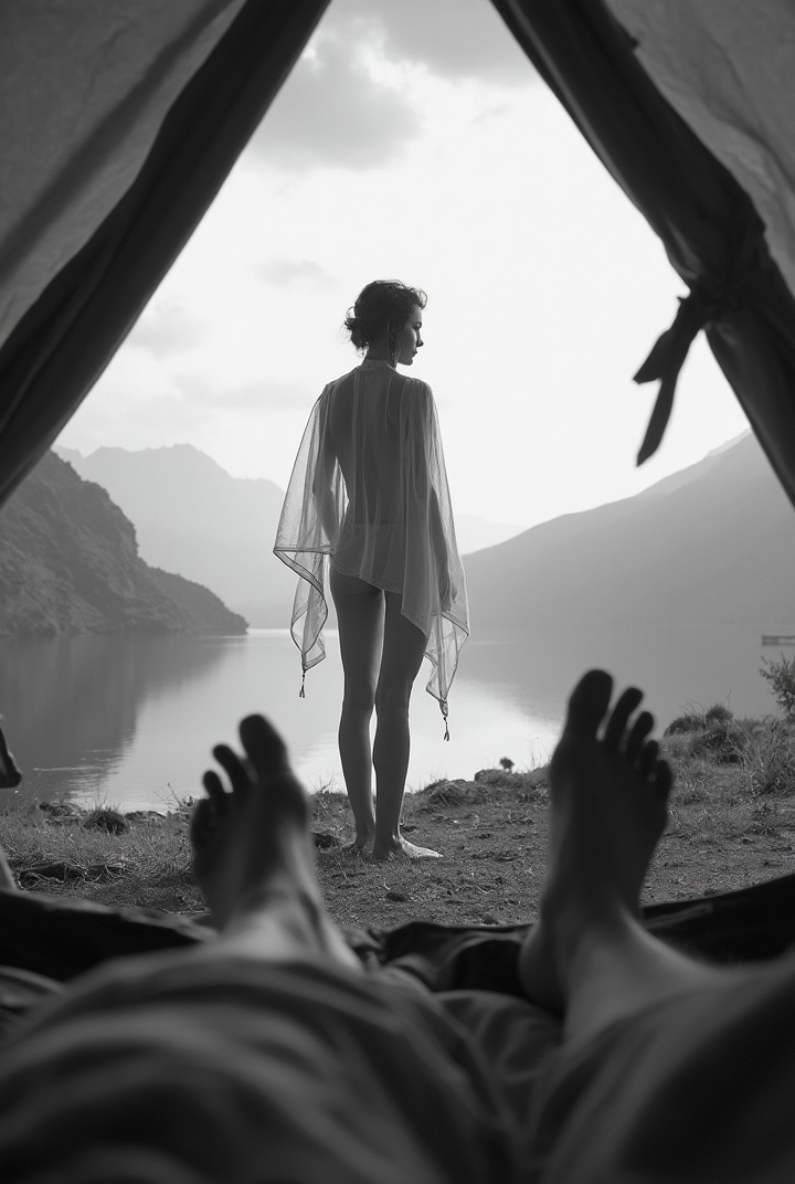 AI generated image by FLUX-Realism-Lora: A black-and-white photograph from inside a tourist tent, showing bare feet in the foreground. In the midground, the silhouette of a young woman is standing outside the tent with her back to the viewer, wearing thin transparent cape on her naked body. Her legs are shoulder-width apart. It's daytime, with a natural scene of mountains and a lake in the background

