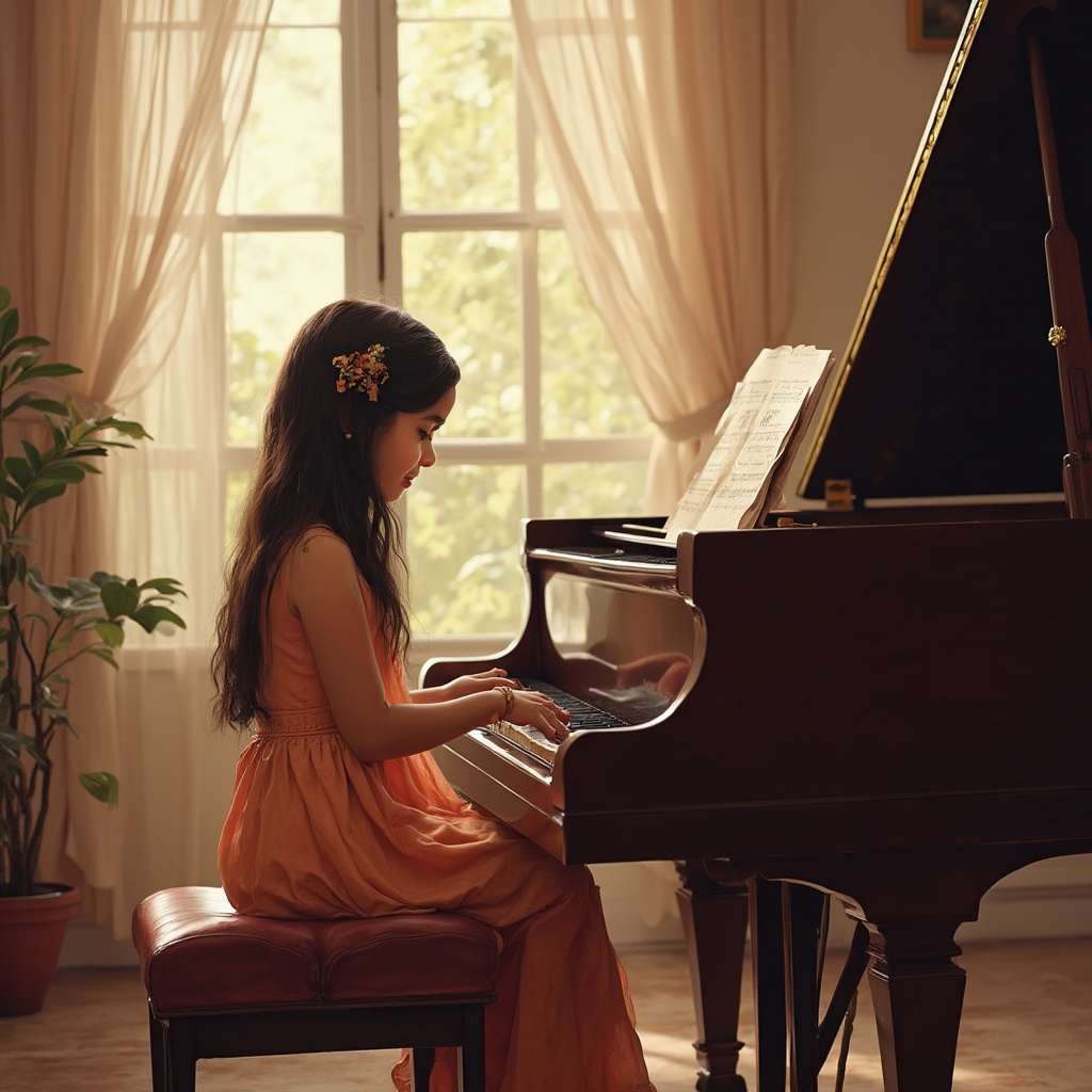AI generated image by FLUX-Realism-Lora: The scene is in an affluent Metropolitan city home drawing room in India with a happy young girl with Indian features playing the 8 Octave Grand Piano sitting upright on a Piano bench.