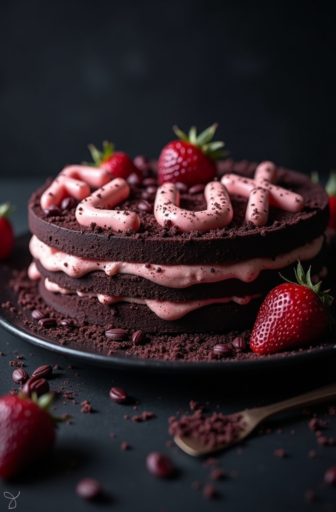 AI generated image by FLUX.1-image-to-image: black forest gateau cake spelling out the words "FLUX DEV", tasty, food photography, dynamic shot