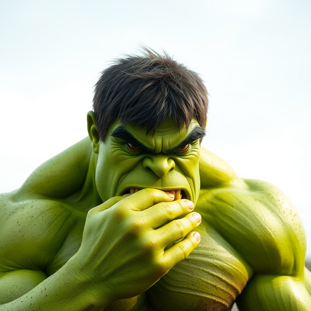 AI generated image by FLUX.1-schnell: Hulk mange des petits pois