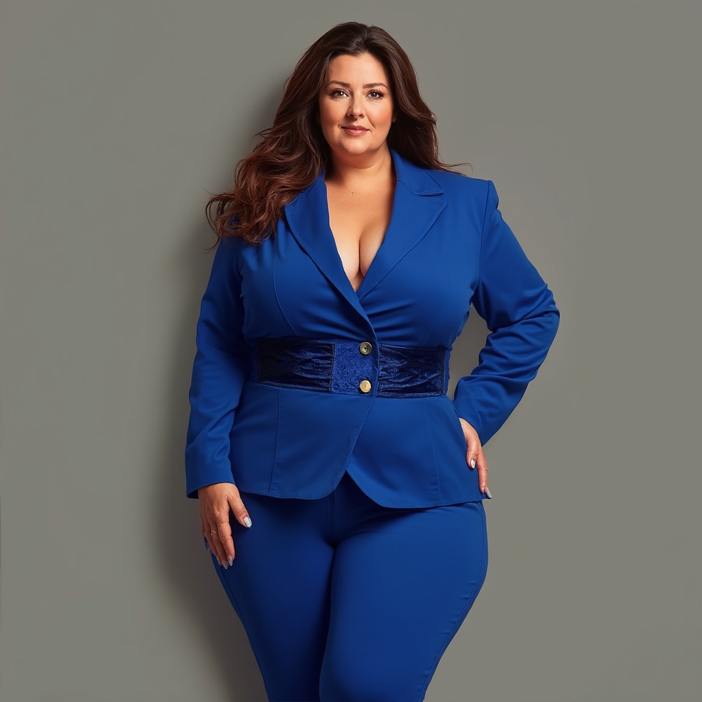 AI generated image by FLUX-Realism-Lora: Middle-aged woman with long brown hair, sturdy build, thick thighs, wide hips, dressed in a cobalt blue suit with a garter belt.