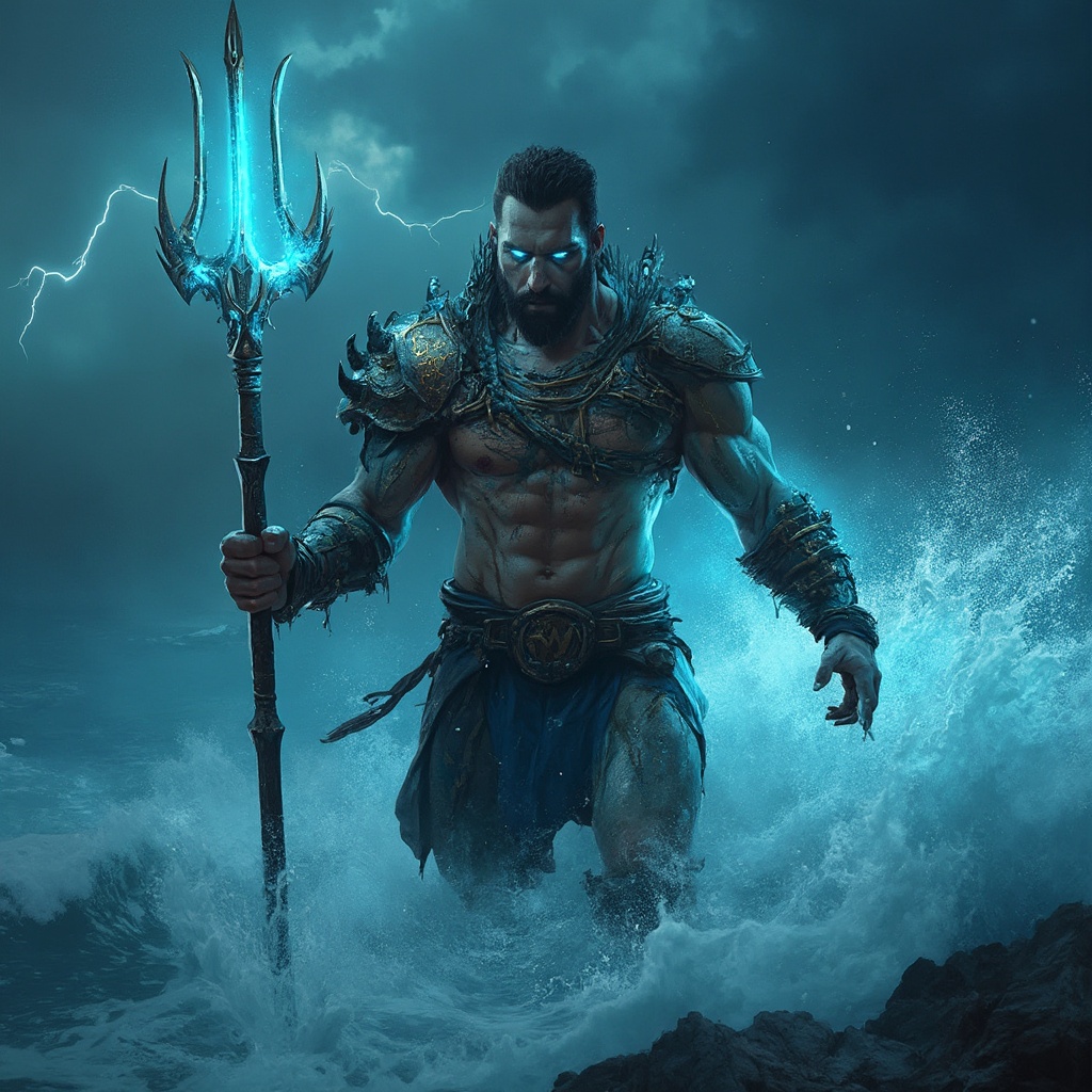 AI generated image by FLUX-Realism-Lora: A photorealistic, muscular male warrior emerges from stormy ocean waves at night. He is shirtless, wearing ancient bronze armor on his shoulders and bracers, dripping with seawater. His skin is scarred and wet, with faint glowing blue veins resembling bioluminescent coral. He grips a massive trident glowing with water energy. His eyes shine with oceanic power. Dark storm clouds swirl above, lightning flashing behind him as waves crash around his feet. Sea spray and mist surround his powerful frame, giving him a godlike, unstoppable presence.
