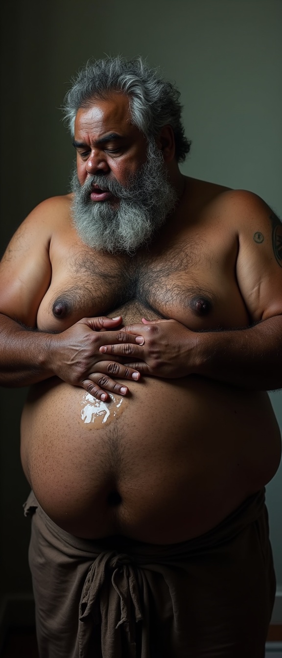 AI generated image by FLUX.1: Danny who is a big pot bellied, obese, dark skinned, hairy, grey haired, lustful, macho, matured hairy dark Tamil alpha male math teacher with thick eyebrows, full plump lips, thick beard and very big beefy and muscular chests is holding Tommy, a stocky student. Danny and Tommy are having a secret affair after class. Both Danny and Tommy are completely naked without clothes on and wet all over. Tommy is caressing Danny's masculine, hairy, big, fat, dark skinned pot round belly with a big belly button. Danny's dark skinned big hairy belly has a big round belly button that is deep. Danny also has fat beefy thighs and big feet. Danny is hugging Tommy very close with both his big strong arms and is spitting a lot of wet strands of saliva in Tommy's wide open mouth with his tongue out. The saliva runs down all over Danny's beard, his big hairy belly, thick thighs and his thick feet. Danny has a thick, erect penis with  low hanging scrotum which is drenched in saliva.
