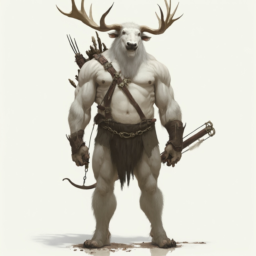 AI generated image by FLUX-Realism-Lora: A very tall, muscular, white-skinned humanoid being with the head of a moose, legs of a goat, a bow on his back, and a quiver.