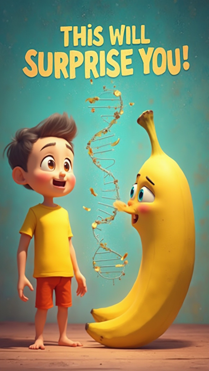 AI generated image by FLUX-Realism-Lora: Create an animated scene featuring a human figure and a banana side by side. The background should be dynamic with vibrant colors, and animated DNA strands floating between them, visually connecting the human and the banana. Add bold text overlay: 'This will surprise you! 🍌🧬'. The scene should have a playful and engaging tone with a sense of excitement. 