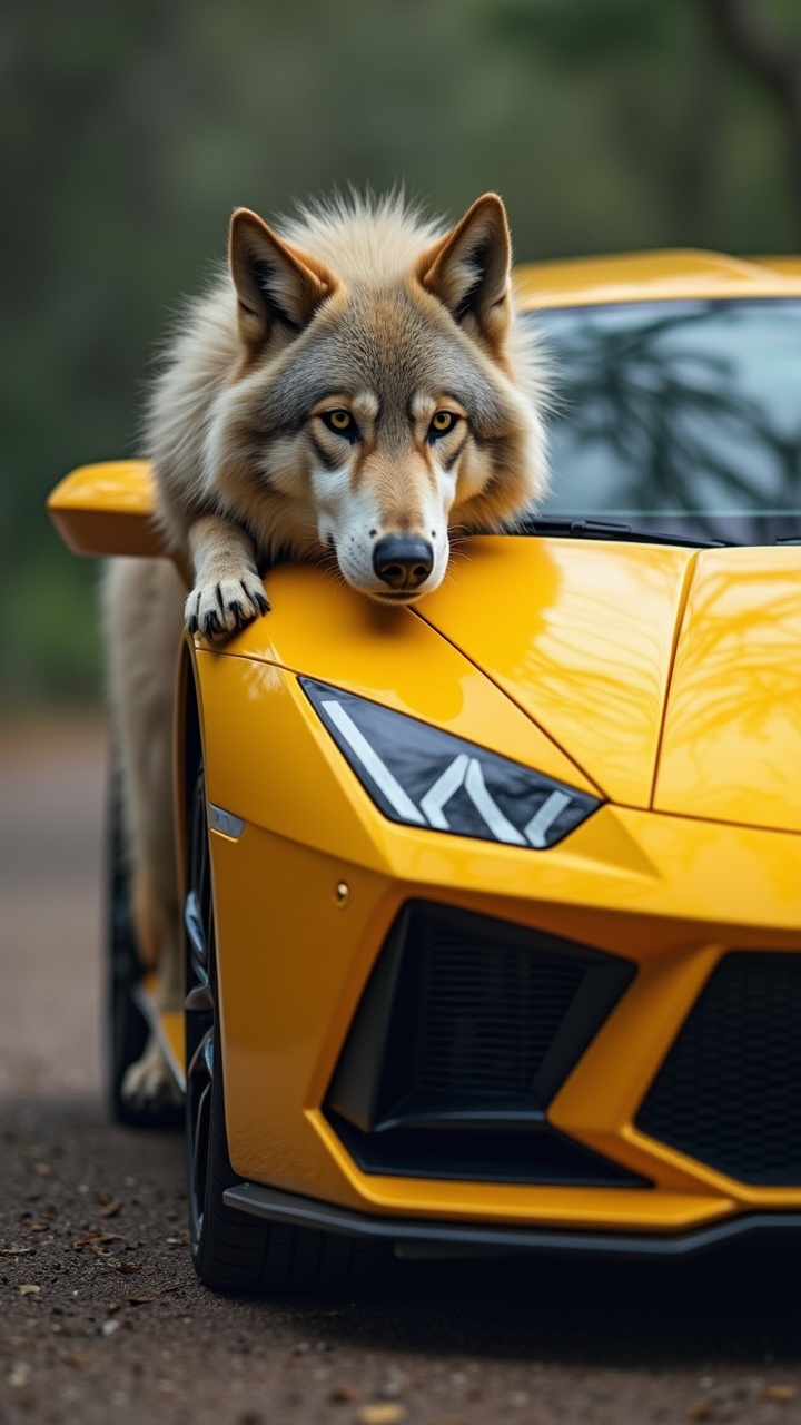 AI generated image by FLUX.1: create an image prompt of a hybrid between a wolf and a yellow Lamborghini, using the same background as before