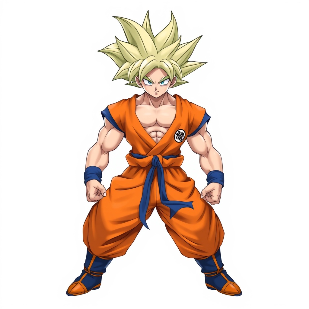 AI generated image by FLUX.1-schnell: Goku by Dragon Ball, , white background,  full body front view, high quality  , no clothes reality