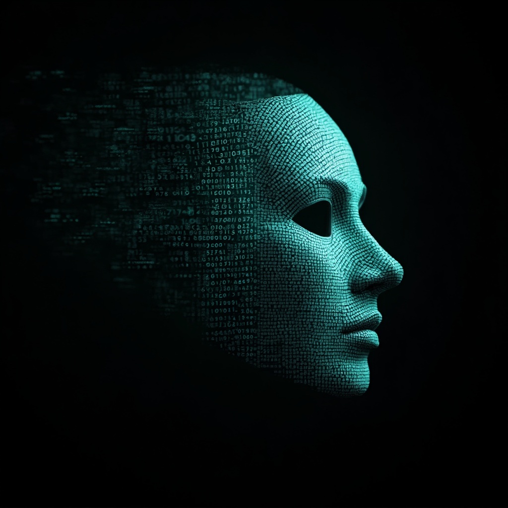 AI generated image by FLUX-Realism-Lora: Ada Lovelace's face as a digital mask made from thousands of turquoise numbers and formulas forming his face. the formulas and numbers fly behind the mask leaving a trail of complexity. the mask is floating dynamically in mid air. his head is turned to the right but his eyes are looking directly into the camera. the mask is on a black background.  like a png with black only background. photo realistic, sci-fy