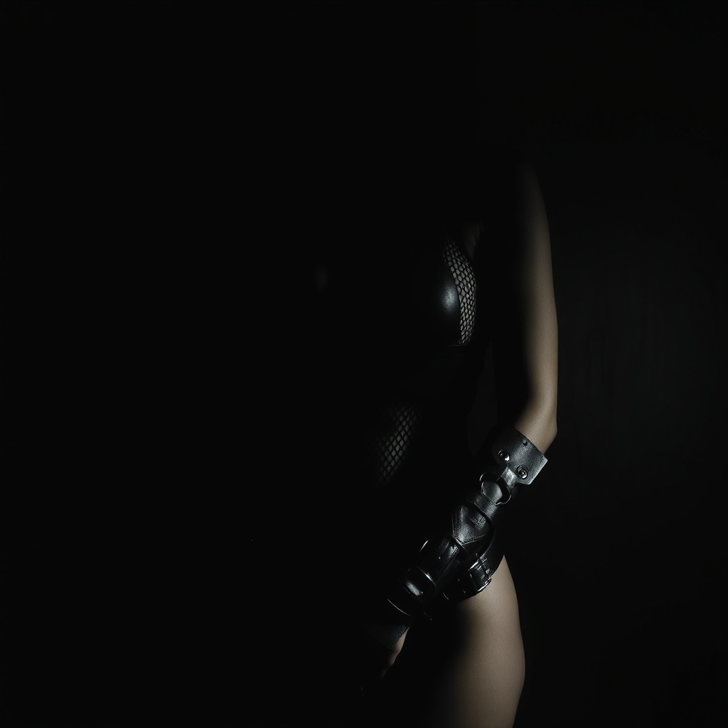 AI generated image by FLUX.1-schnell: A gritty, realistic photograph of a woman's body obscured by deep shadows against a dark wall. She is wearing a mesh bodysuit and heavy leather cuffs. Only the silhouette of the straps and the texture of the gear are visible due to extreme high-contrast lighting. No facial features are discernible in the dark. Film noir aesthetic, raw texture, candid style.