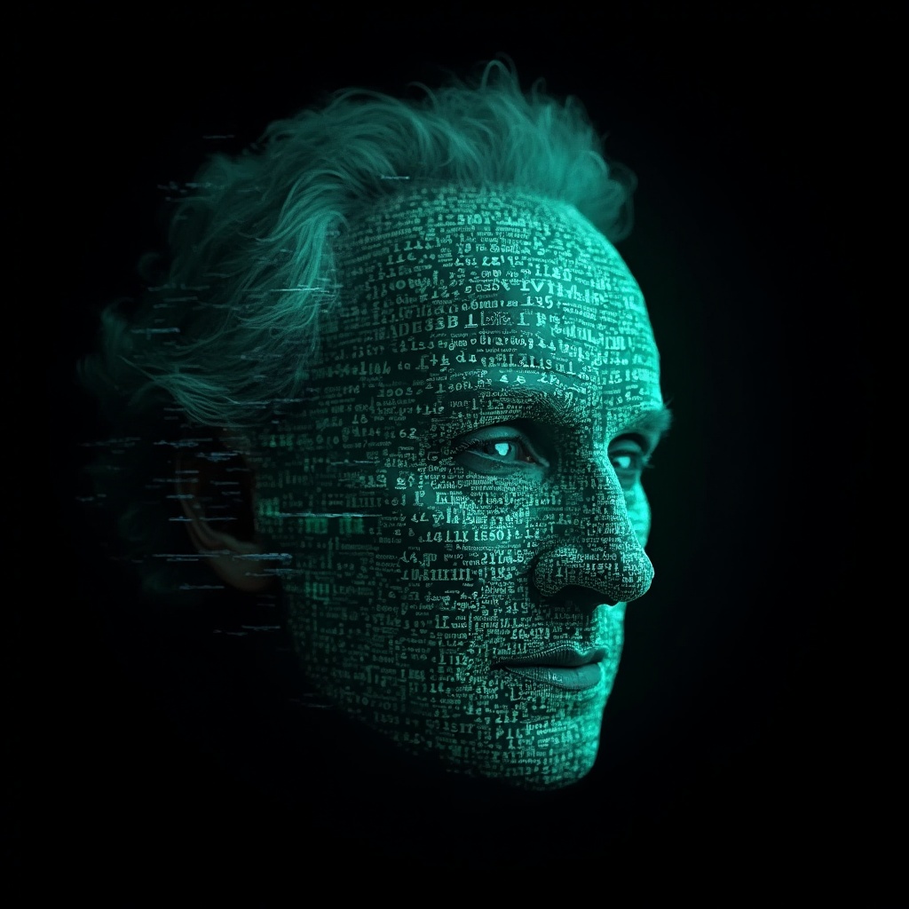 AI generated image by FLUX-Realism-Lora: Richard Feynman's face as a digital mask made from thousands of bright turquoise numbers and formulas forming his face. The formulas and numbers fly behind the mask leaving a trail of complexity. The mask is floating dynamically in mid air. His head is turned to the right but his eyes are looking directly into the camera. The mask is on a black background. Like a png with black only background. Photo realistic, sci-fy
