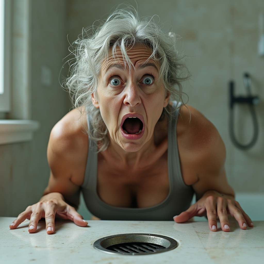 AI generated image by FLUX.1-pro: Ultra high resolution 3D image of a middle-aged woman in horror, standing over a shower drain covered in a shocking amount of hair loss, with a look of utter disbelief