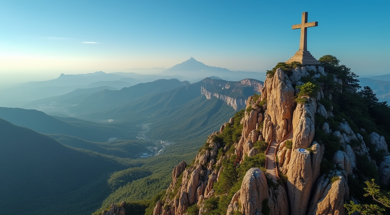 AI generated image by FLUX.1-pro: vista aérea de una cruz en una montaña alta
