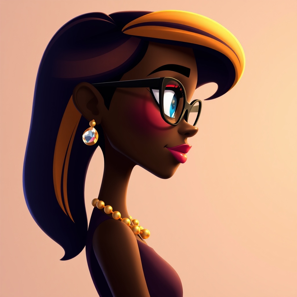 AI generated image by FLUX.1-schnell: Crea un poster de pelicula estilo Disney Pixar divertido y amigable en 4k de un mujer negra, gordita,a perfil de cuerpo completo con pelo trenzado amarillo y negro, gafas negras finas  con cristales naranja suave , ojos azules, cadena con...