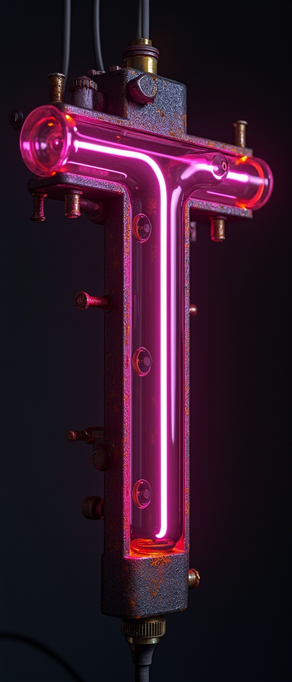 AI generated image by FLUX.1-pro: "T" tubes neon, oxidized purple and gold metal, mechanics, floating, neon. isolated on black background, hyper realistic