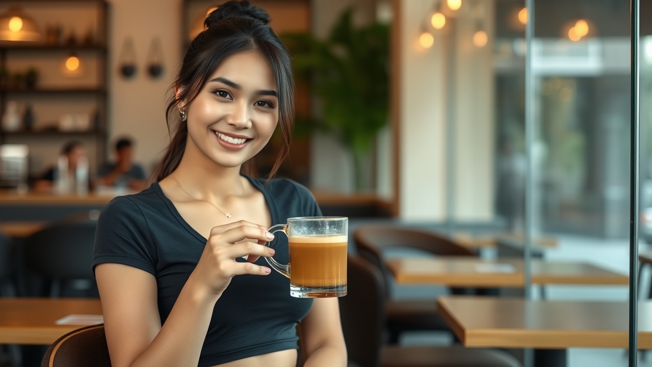 AI generated image by FLUX.1-schnell: a beautiful yogyakarta woman in a tight fitness t-shirt, full body, sitting in a cafe smiling looking at the camera while holding a clear glass cup containing brown late coffee