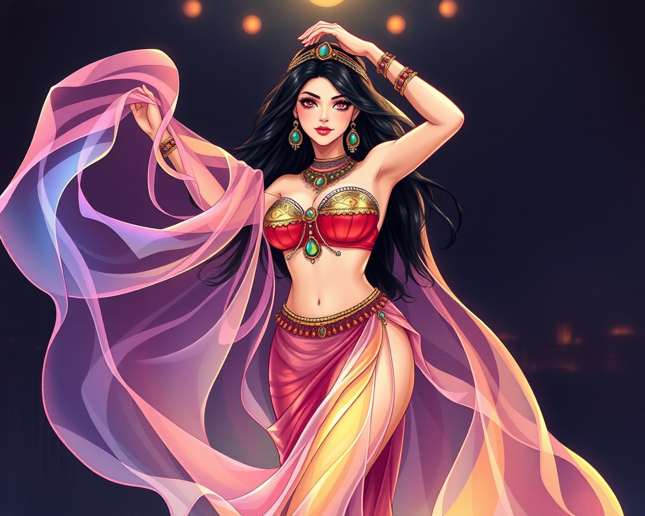 AI generated image by FLUX.1-schnell: A masterpeice anime style very beautiful Egyptian belly dancer, dancing, the Arabian night, wearing transparent  colored veils,spinning and flowing around her, against a mysterious and dark with ambiant lightsbackground, highly detailed,sketching, masterpiece, slim curvy body, realistic, seductive smile, cross hatching minimalist and stipling background, sexy pose, stunningly beautiful.anime semi realism