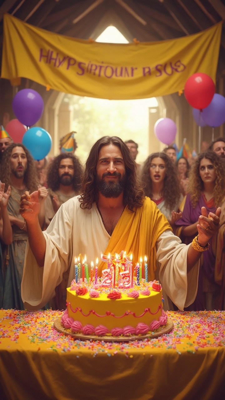 AI generated image by FLUX-Realism-Lora: A vibrant and colorful birthday celebration centered around Jesus Christ in a manger. Jesus, depicted with long wavy brown hair, a trimmed beard, and wearing a radiant white robe with a golden sash, is seated at a festive table, joyfully holding a slice of a bright yellow birthday cake with intricate pink decorations. The large cake is topped with the number "33" in bold, colorful candles, and adorned with candy sprinkles and frosting swirls. The table is covered with a vivid fabric sprinkled with multicolored confetti, creating an eye-catching base. Behind Jesus, His twelve disciples replace the previous crowd, standing in joyful poses, smiling and clapping in celebration, with some wearing vibrant party hats. Balloons in bright shades of yellow, purple, blue, and red float in the air, adding a cheerful, festive vibe to the scene. A prominent festive banner reading "Happy Birthday, Jesus" is clearly displayed above the setting, acting as a central decorative highlight. The manger is bathed in warm sunlight streaming through rustic wooden beams, with the faint glow of straw scattered around the ground, creating a harmonious blend of simplicity and festivity. The atmosphere radiates joy, unity, and vivid energy, emphasizing every colorful and spiritual detail to bring the celebration to life in a touching and visually stunning way.
