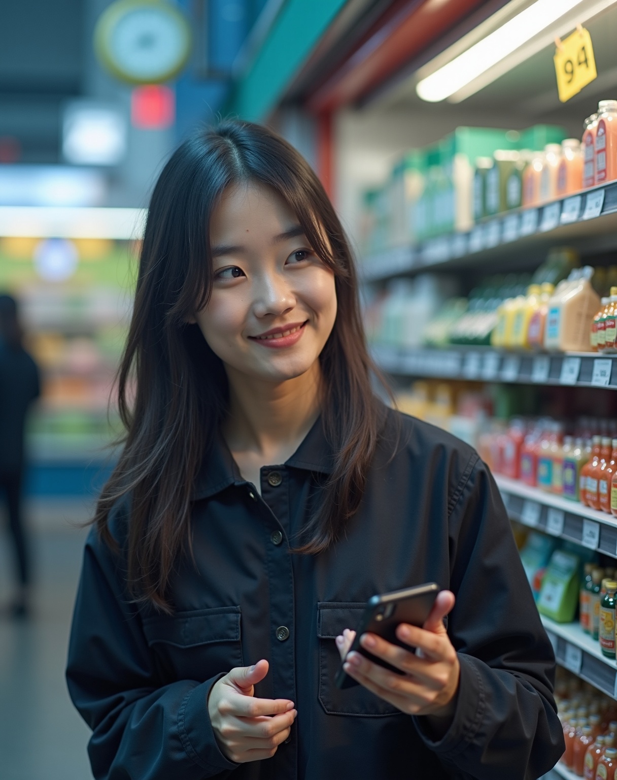 AI generated image by FLUX.1-image-to-image: a  young korean women she on the grocery srore in korea stand up front of many products wear a worker unifrom she holding a iphone in her hand night time no people around her