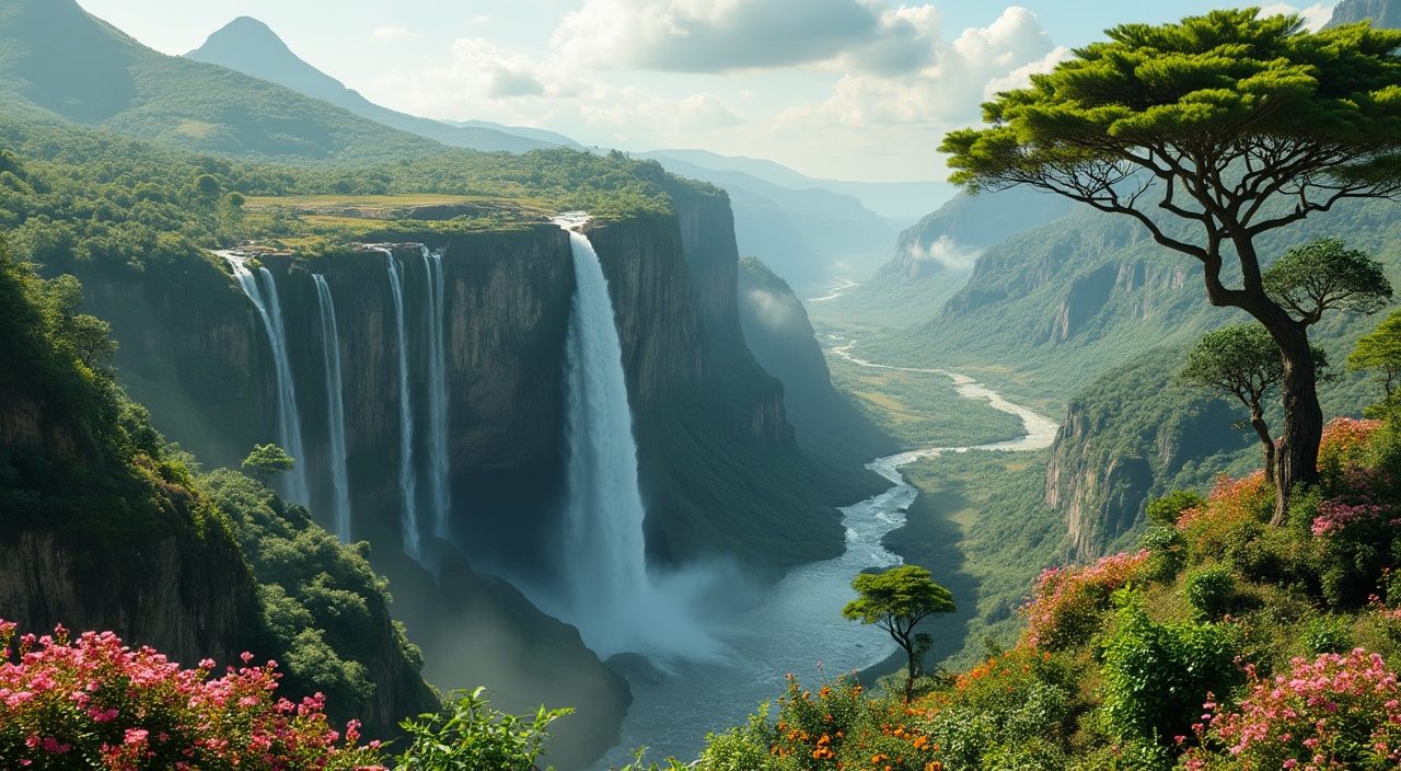 AI generated image by FLUX.1-pro: best quality uhd photo realism of a wonderful alien landscape on an other planet,with waterfalls and lush greeneries and beautiful flowering bushes,and threes,in a bird eye view