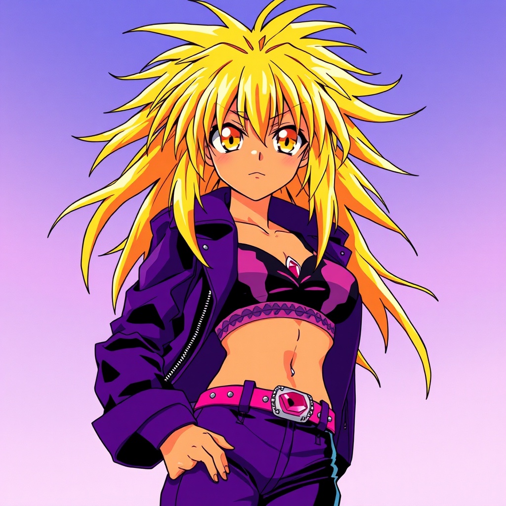 AI generated image by FLUX.1-schnell: 
Go back
anime art by ryuichi makino, as gaogaigar character, 1997 anime style tv show screencap screenshot, golden orange eyes, big cartoonish eyes, golden yellow fallen grungy messy hair, big lionhair style, long messy spiky hair fringe bangs, tanned skin, purple black leather jacket, purple black leather pants, studded pink belt, black sport bra with pink and white designs, fit attractive femenine body with few muscular abs, woman, pink gem navel piercing, big femenine chest