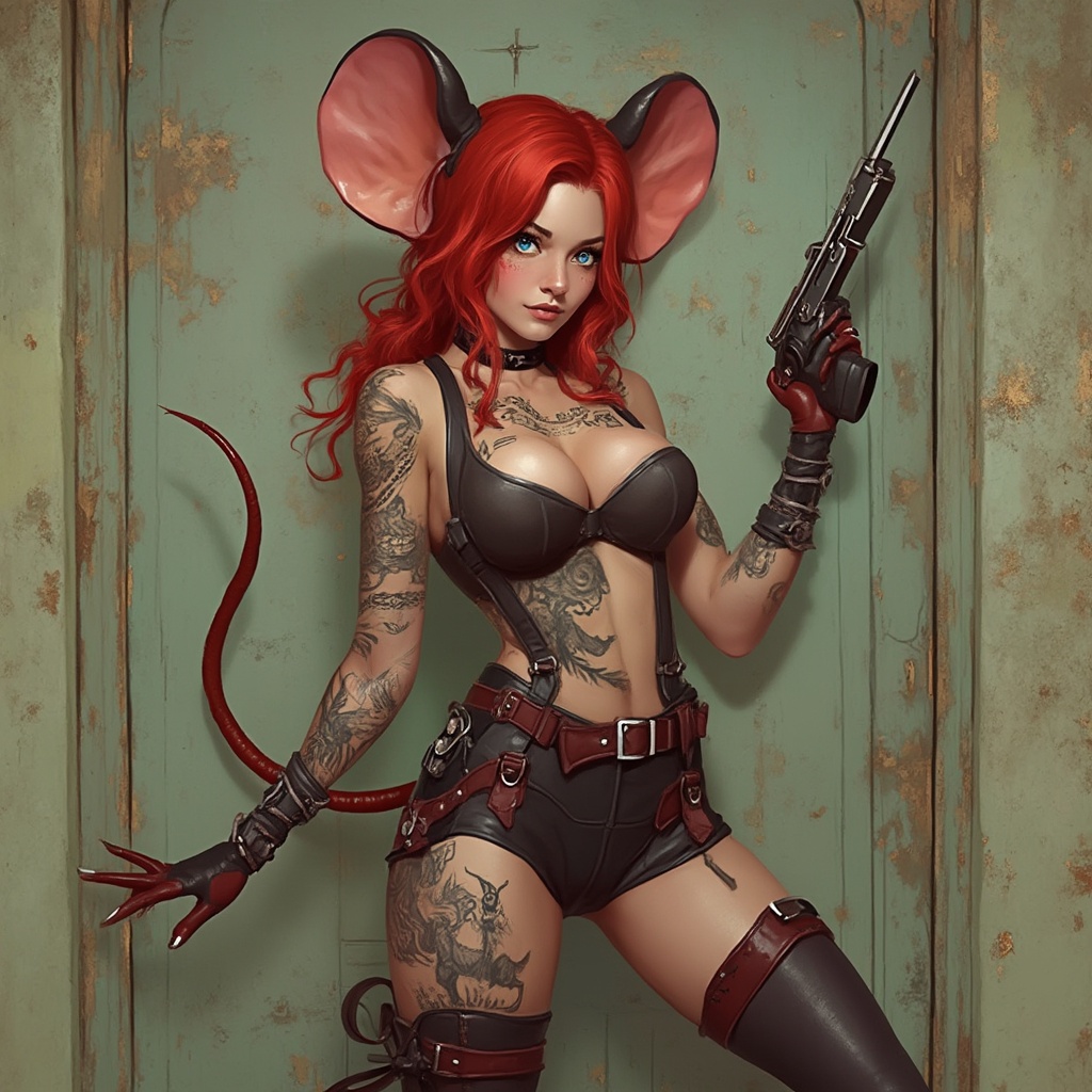 AI generated image by FLUX-Realism-Lora: a woman burglar in the style of a Marvel superhero dressed as a mouse, . she has suspenders and stockings and high heels. a heaving bosom. She looks alternative/punk, with bright red hair, mouse tattoos, bright blue eyes.
