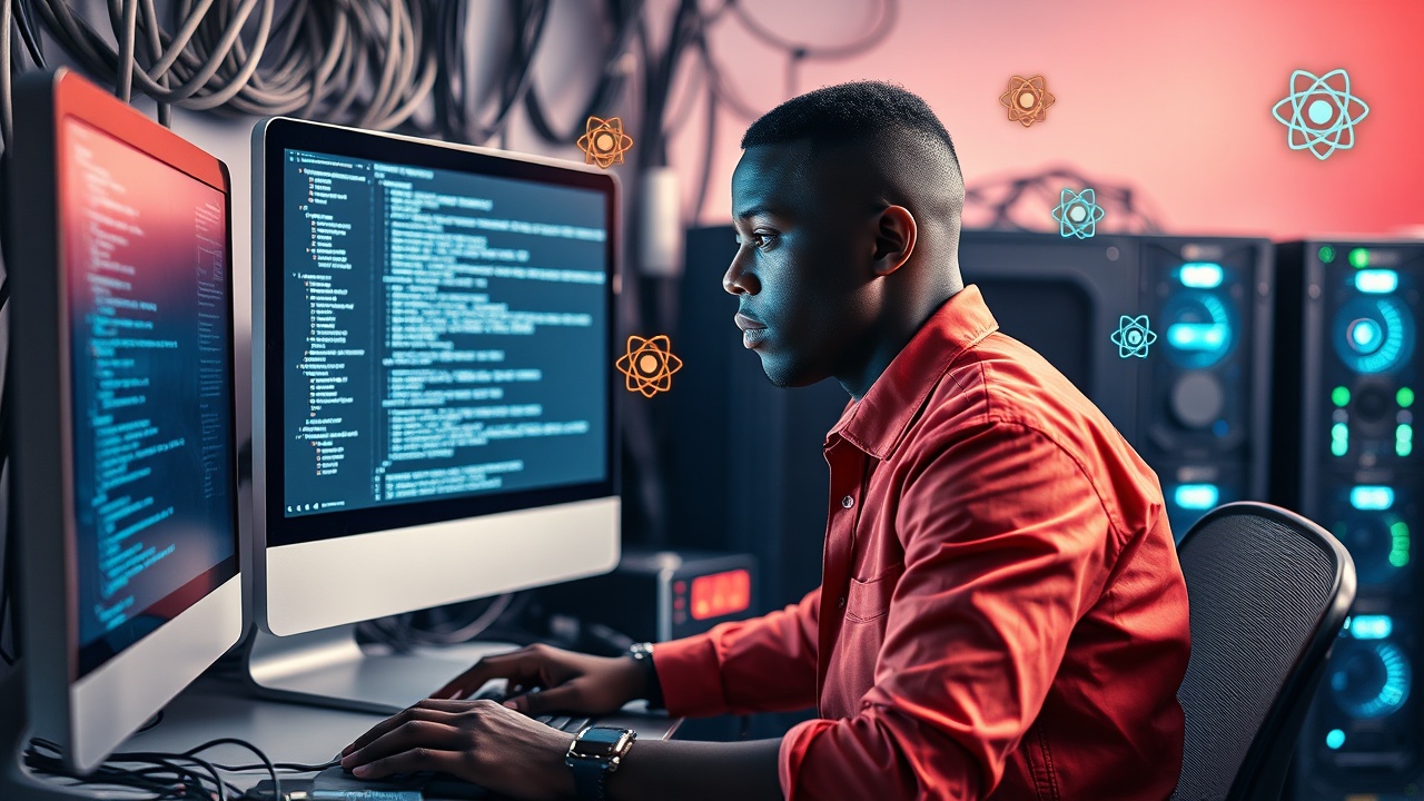 AI generated image by FLUX.1-schnell: hombre joven de raza africana con ropa moderna y pelado bajito, sentado frente a una computadora, en la pantalla se ven lineas de codigo, en el fondo es futirista y hay varios servidores y muchos cables de red. al rededor de joven flotan los logotitos de java, js, php, react. la iluminacion es viva