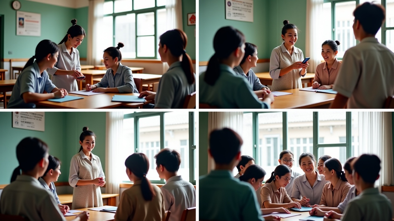 AI generated image by FLUX.1: This [FOUR-PANEL] image illustrates a group of elderly Chinese students are learning how to provide elderly care in an old classroom; [TOP-LEFT] the teacher next to the nursing bed demonstrates how to take care of the elderly, [TOP-RIGHT] they are observing the teacher demonstrating how to take care of the elderly, [BOTTOM-LEFT] some of them tried it out, while others took photos with their phones to record it, and [BOTTOM-RIGHT] they gathered together to thank the teacher.