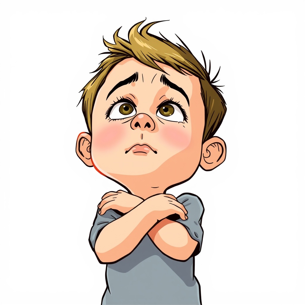 AI generated image by FLUX.1-schnell: Has un dibujo, estilo caricaturesco, de un niño con los brazos cruzados, la cabeza mirando hacia arriba, con expresión de interrogación.
