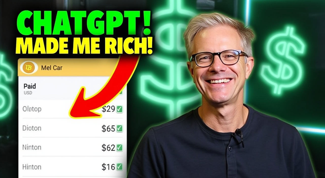 AI generated image by FLUX.1-pro: A confident man with light-colored hair, wearing glasses and a dark shirt, smiling at the camera. Behind him, a background with neon dollar symbols and green, glowing lights, giving a financial or tech-inspired atmosphere. To the left, a screenshot of digital payment transactions with amounts listed in USD, each marked as "Paid" in green. A bold, attention-grabbing text in bright green and yellow at the top reads, "CHATGPT MADE ME RICH!" with a large red arrow pointing to the highest payment amount, emphasizing earnings. The thumbnail is vibrant and uses high contrast colors to draw attention.