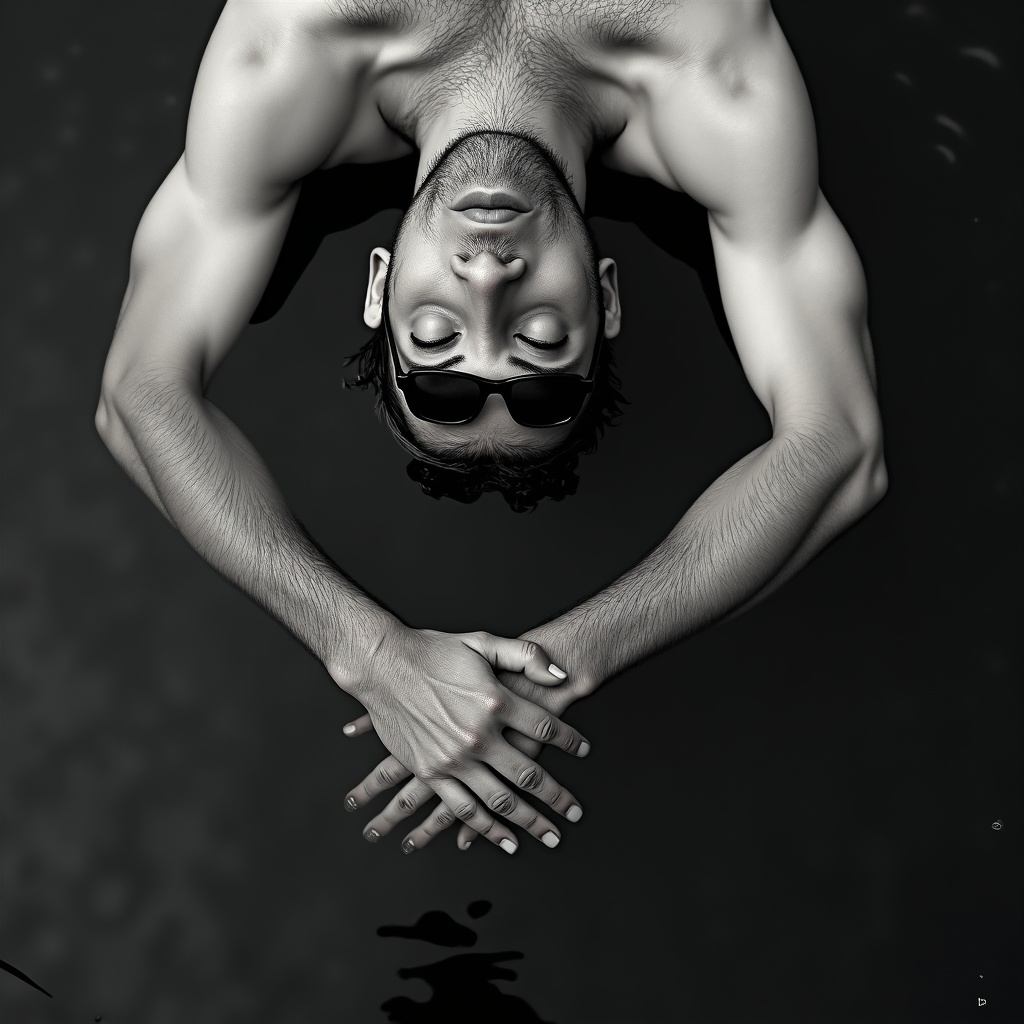 AI generated image by FLUX.1-image-to-image: A black and white photo of a lying down man's head just above dark water, sunglasses partially submerged. The camera is low, parallel to the water