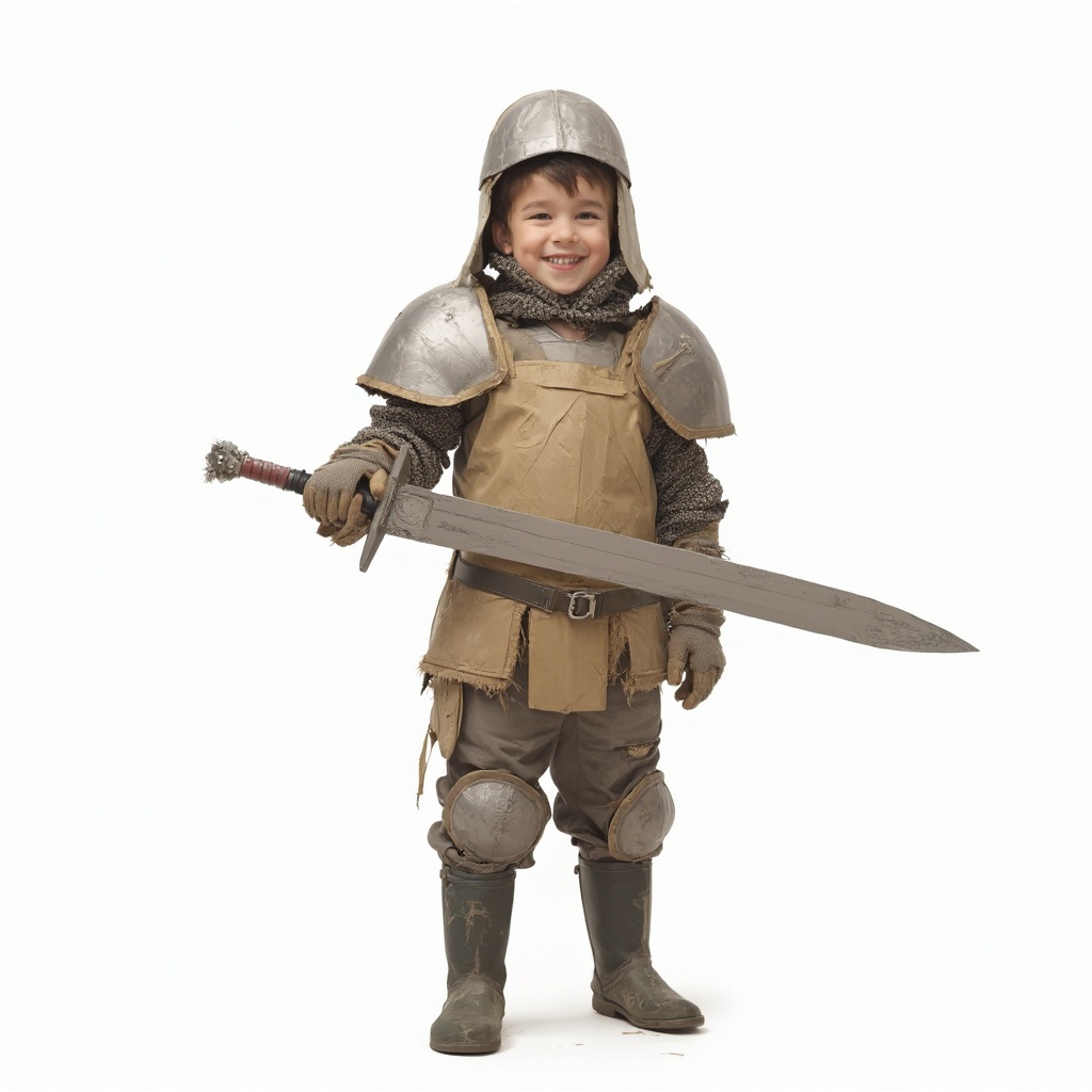 AI generated image by FLUX-Realism-Lora: A photorealistic image of a young child with white skin, standing proudly and smiling in a creative, homemade costume made entirely from DIY store materials. The costume includes a cardboard chest plate, duct-taped shoulder armor, a plastic bucket helmet with cut-out visor, and a makeshift sword made from PVC pipes and aluminum foil. The child wears gardening gloves as gauntlets and rubber boots 
The costume is slightly rough but full of creativity, showing visible tape, paint, and hand-crafted details, giving it a charming DIY feel. The child has a joyful and confident expression, standing in a proud knightly stance, excited for the school party tomorrow.
The background is completely white, making the image clean and professional while focusing on the child and their homemade armor. The lighting is soft and even, enhancing the realistic and high-quality photography effect. The image should be ultra-realistic, capturing every detail of the materials, facial features, and textures to create a charming, lifelike scene
