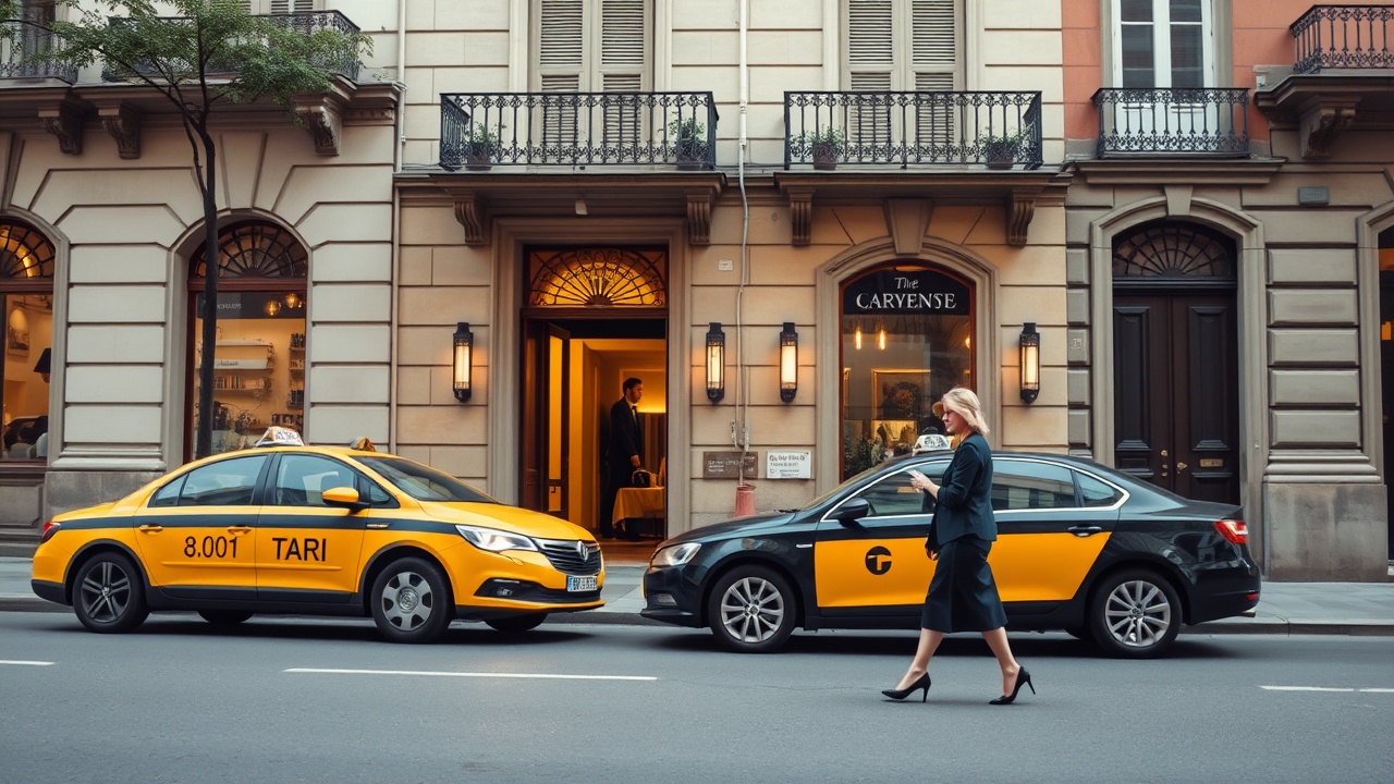 AI generated image by FLUX.1-schnell: crear imagen de una calle con un taxi de Barcelona aparcado frente a un hotel del que baja una señora elegante de unos cuarenta años y se queda frente al hotel mirándole de espaldas a la calle