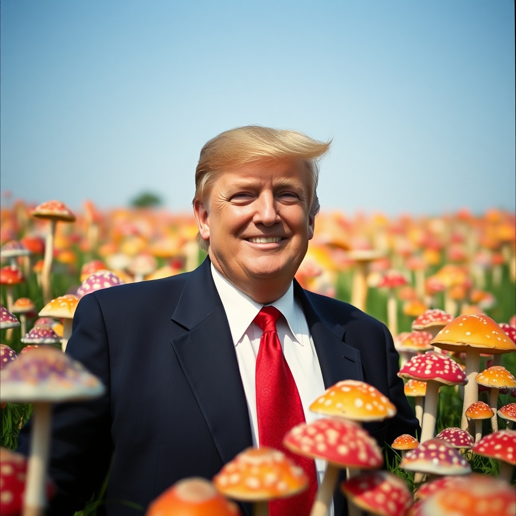 AI generated image by FLUX.1-schnell: happy Donald Trump standing in a beautiful field of psychedelic mushrooms, colorful psychedelic mushrooms everywhere, perfect lighting, leica summicron 35mm f2.0, Kodak Portra 400, film grain



