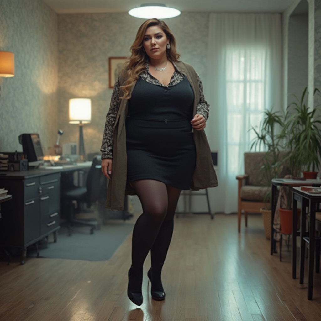 AI generated image by FLUX-Realism-Lora: Hot Mediterranean woman in 40s, curvy body, wide thighs in dark stockings, tight skirt, long heels, in office