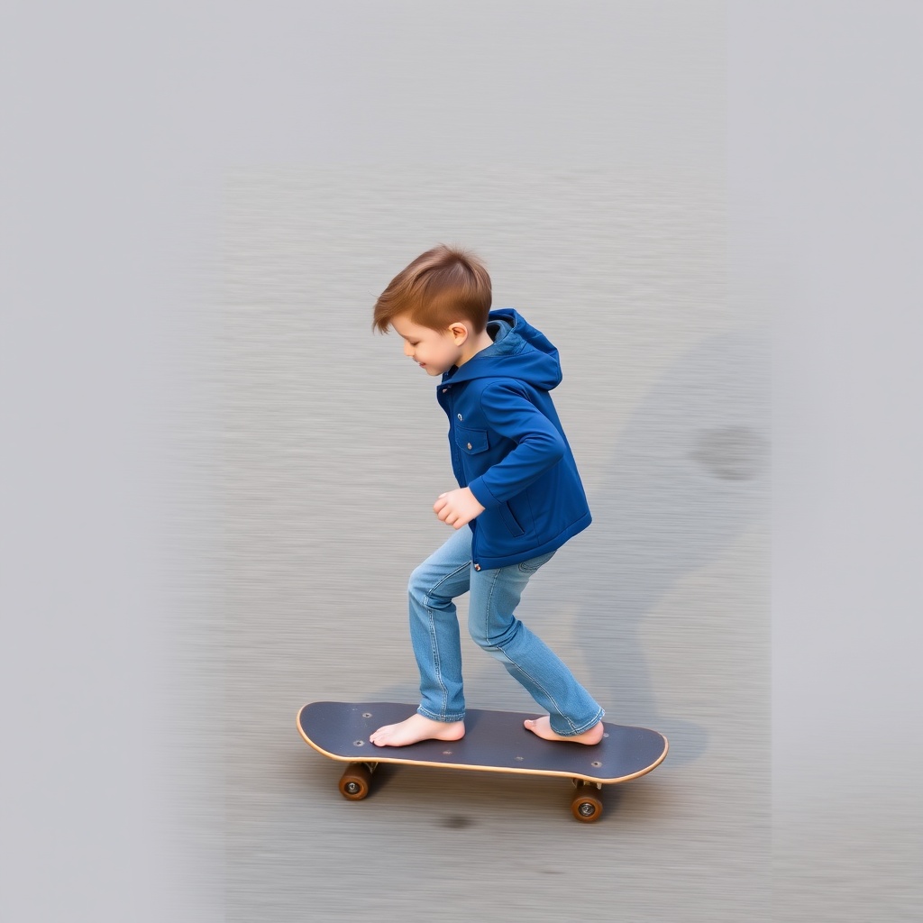 AI generated image by FLUX.1-schnell: A boy wearing blue jacket, bootcut jeans and barefoot is riding a skateboard