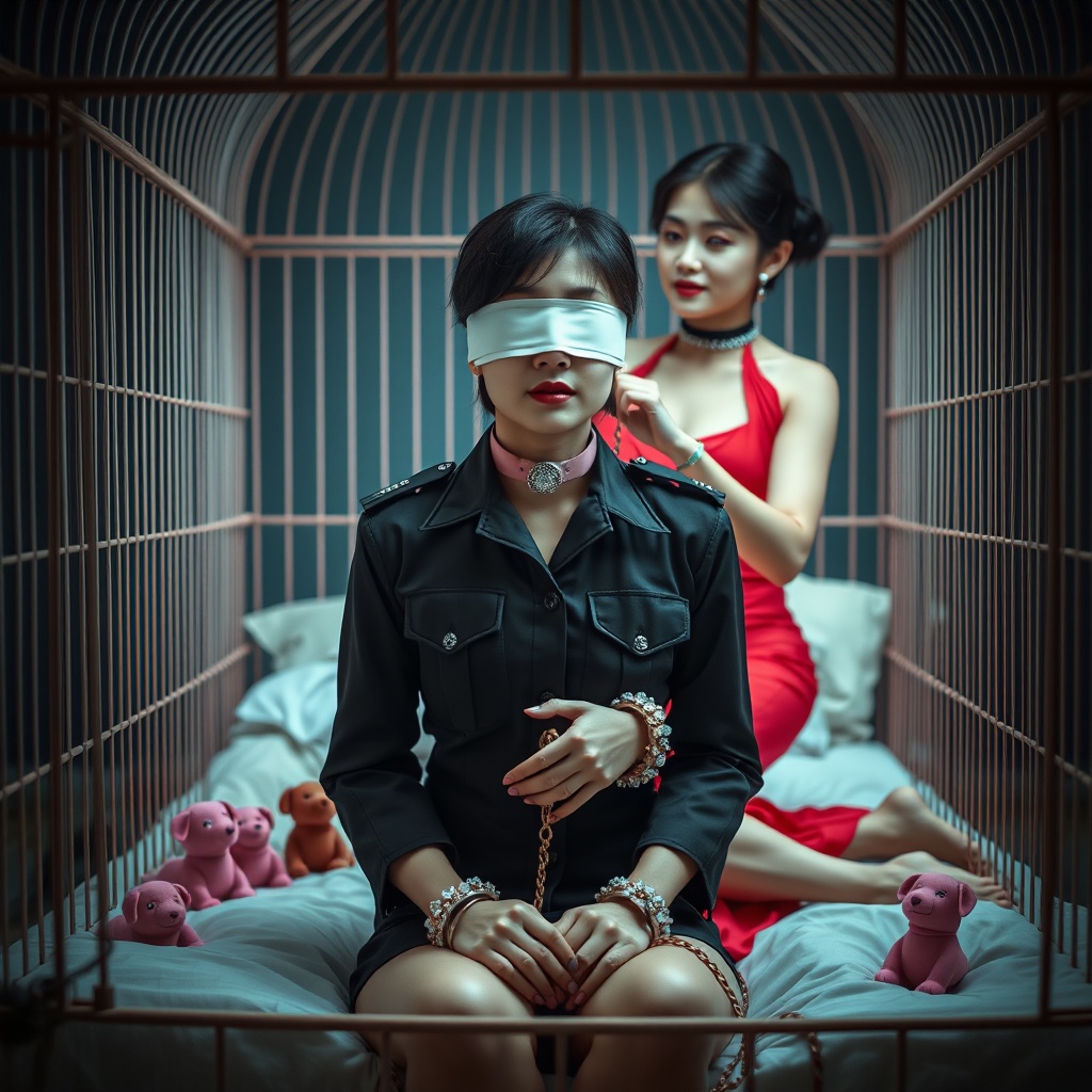 AI generated image by FLUX.1-schnell: Front view,full body view, a beautiful Chinese adult woman with porcelain skin,slim body, tired facial feature,sexy lips and black hair wearing a policewoman uniform and pink soft rhinestone leather dog collar snugly, her eyes are blindfolded with white leather blindfold, her hands are handcuffed together,her legs are handcuffed together,sitting on an oversized bed inside a big bird cage, another beautiful Chinese adult woman is wearing bright red evening gown, choker collar, bracelet, she is holding leash from first woma's collar and looking at first woman with seductive look, fixing first woman's collar tighter,dramatic dim lighting, ultra-realistic textures, soft fairy tale atmosphere, pink toys are surrounding beside her, dreamy focus on her face, sci-fi style, whimsical color grading, cinematic lighting