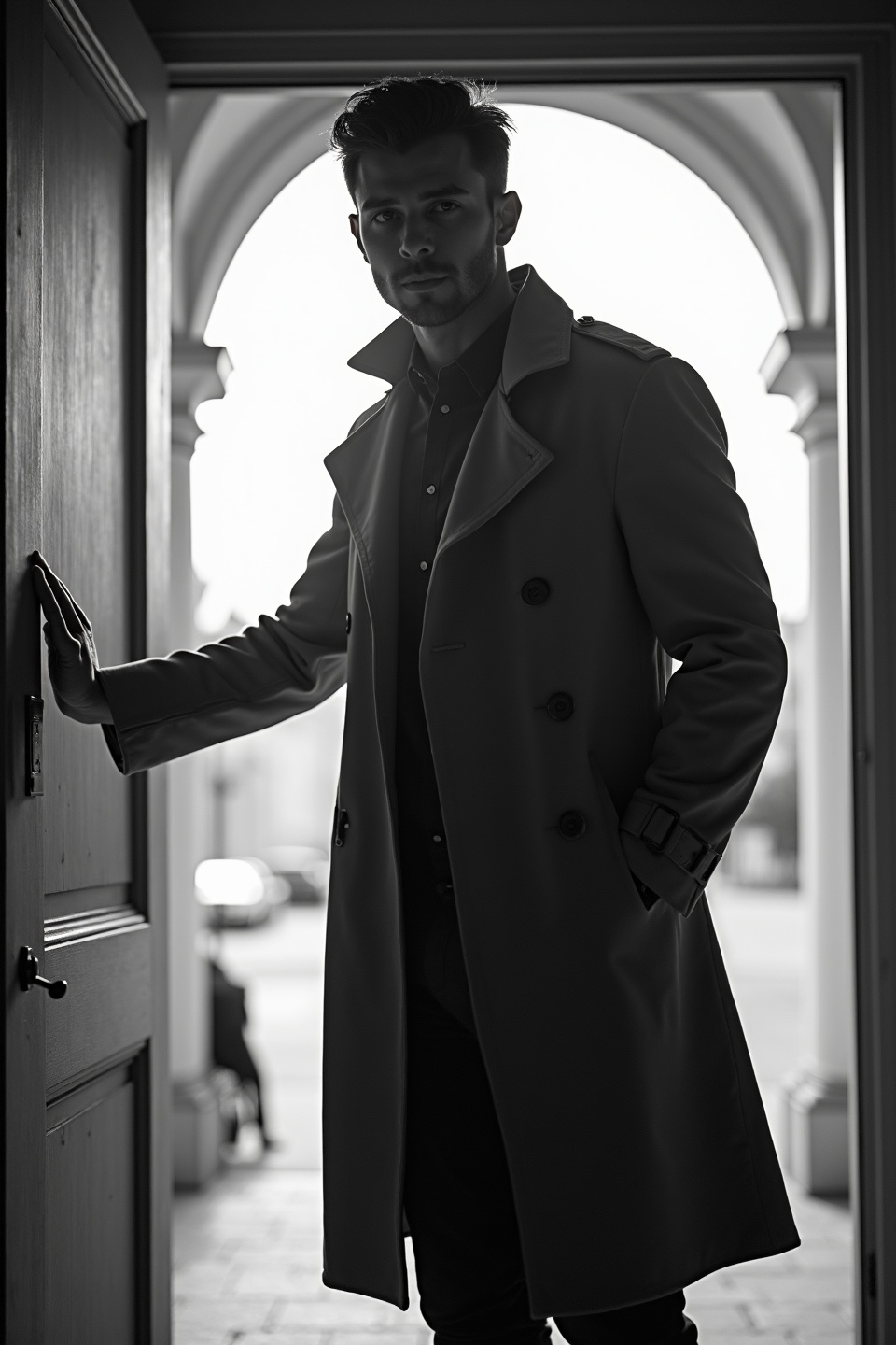 AI generated image by FLUX.1-image-to-image: black-and-white photo with the backlit dark silhouette of a handsome broad-shouldered man in a trench coat standing in a doorway coming and looking to camera. 
The man touching the door, as if he just entered the room. God rays. Backlight. Overexposed street background 