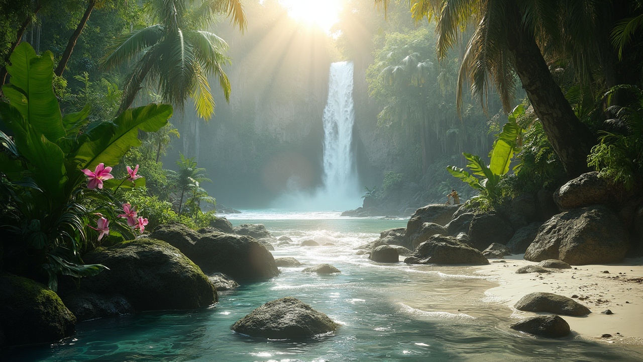 AI generated image by FLUX-Realism-Lora: A massive, hyper-detailed wide-angle environmental landscape photograph capturing a raw, untouched tropical paradise where a dense rainforest meets a dramatic coastline.

[SCENE COMPOSITION & GEOGRAPHY]
- Foreground (Bottom Center-Left): A crystal-clear freshwater stream carved through dark, wet basalt river stones covered in lush green velvety moss. Microscopic detail on water ripples and smooth river pebbles visible beneath the transparent surface. Adjacent to the stream are vibrant wild crimson orchids and dark emerald-green Monstera Deliciosa leaves dripping with pristine dew droplets.
- Foreground (Bottom Right): A pristine, untouched beach of ultra-fine white coral sand meeting translucent, glowing turquoise ocean water. Foam patterns are micro-rendered with realistic foam physics and wet sand reflections.
- Midground (Center & Left): A dense, ancient Amazonian-style jungle with towering mahogany trees, hanging vines, huge broadleaf tropical ferns, and dense undergrowth. Natural variance in leaf shades from bright lime green on young shoots to deep pine green on mature canopies.
- Midground (Right): A towering 80-meter golden-brown coastal sandstone cliff face showing visible geological rock strata, weathered textures, and hanging cliffside vegetation.
- Background (Center Top): A magnificent multi-tiered waterfall plunging down a dark volcanic rock cliff into a turquoise lagoon shrouded in fine, glowing ambient spray mist.

[LIGHTING & ATMOSPHERE]
- Golden hour sunlight entering from the upper-left at a 35-degree angle.
- High-definition volumetric lighting (god rays) slicing through the humid jungle canopy mist, illuminating floating micro-particles in the air.
- Subsurface scattering on plant leaves making them glow translucently where light hits them.
- Hyper-realistic water refraction, caustic light patterns on the shallow seabed, and crisp specular highlights on wet foliage and damp stones.

[CAMERA & RENDERING SPECIFICATIONS]
- Shot on Hasselblad H6D-100c medium format camera with a Hasselblad HCD 24mm f/4.8 ultra-wide lens.
- Aperture set to f/11 for edge-to-edge razor-sharp focus across the entire frame.
- ISO 64 for zero digital noise, absolute dynamic range, deep rich shadows with preserved detail, and pristine bright highlights without clipping.
- Natural filmic color science, deep organic green tones, rich cyan-blue water, warm sunburst gold, and earthy rock textures. Photorealistic depth of field with cinematic atmosphere.