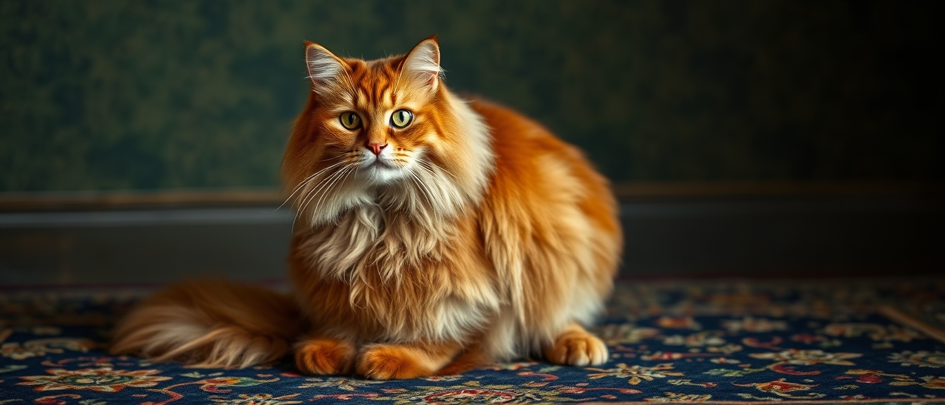 AI generated image by FLUX.1-schnell: A majestic Maine Coon cat, approximately three years old, with thick, luxurious fur the color of burnt cinnamon and cream, sits regally on an antique Persian rug. Its emerald green eyes, wide and expressive, gaze directly at the viewer, conveying a sense of quiet confidence.  The cat's posture is relaxed yet alert; its powerful body is slightly arched, tail elegantly curled around its paws.  The rug beneath it is a rich tapestry of deep blues, reds, and golds, with intricate floral patterns subtly blurred by the shallow depth of field. The lighting is soft and diffused, creating a warm, inviting atmosphere reminiscent of a classic Dutch Golden Age painting. The background is a subtly textured, dark-green wall, slightly out of focus, drawing attention to the cat. The overall style evokes a sense of timeless elegance and quiet dignity, using a 50mm lens for a natural perspective. The scene is infused with a calm, contemplative mood, capturing the cat’s inherent grace and noble bearing. The texture of the fur is meticulously detailed, contrasting with the smooth surface of the antique rug.  The image aims for a photorealistic rendering with elements of painterly detail.  Keywords: Photorealistic, Dutch Golden Age painting, Maine Coon, portrait, elegant, regal, detailed fur, luxurious texture, antique rug, soft lighting, shallow depth of field, 50mm lens.