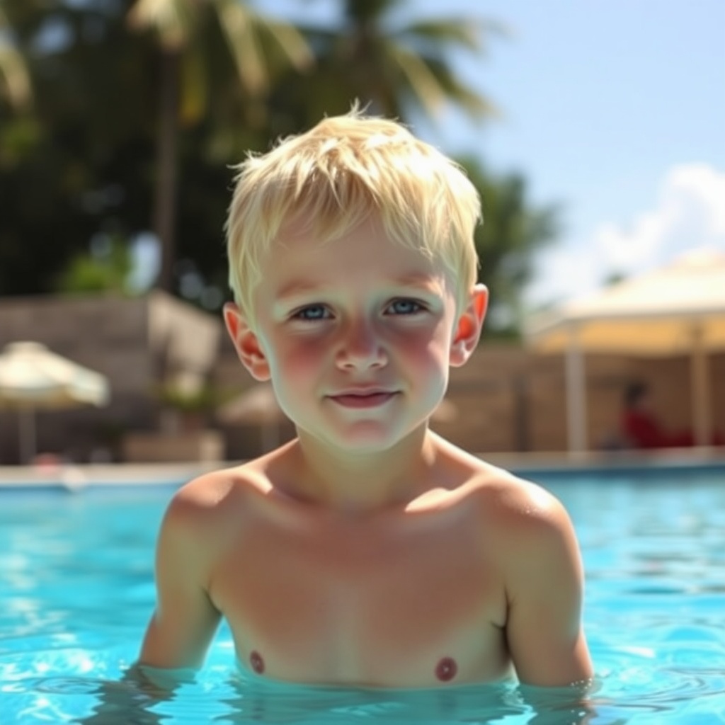 AI generated image by FLUX.1-schnell: height years old blond boy in speedo