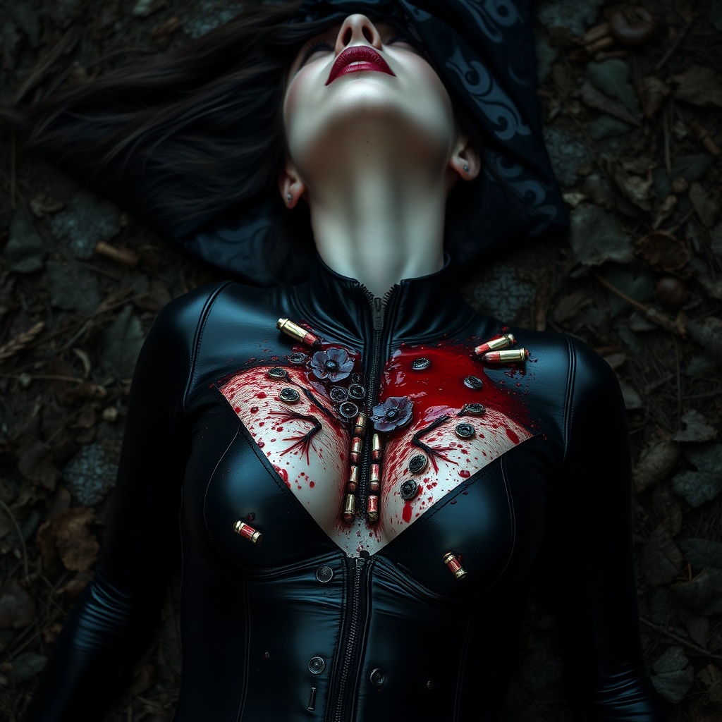 AI generated image by FLUX.1-schnell: She the most beautiful vampire girl and she is shot to dead by many enemies. Lot of details, high quality, 15k, View from far away on the vampire girl dying, Real wounds. Ultra realistic photo, Middle European girl, Perfect face, lips, mouth and whole sexy body. She is knelling wounded in the dark forest. Black tight latex suit unzipped, 21 years old, Cute face in shock of being wounded, Heart shot, hourglass body, Most beautiful female, great and perfect sexy body, Perfect face, big full lips, long legs, dark hair, nice blue eyes. She is shot in her chest by the sniper right in her heart, kill shot. Bloody wounds on her chest. Blood everywhere. Bloody bleeding wounds. Dark bloody bullet holes on her chest. She is shot 5 times in her chest. Many bloody bullet wounds on her chest. Big boobs