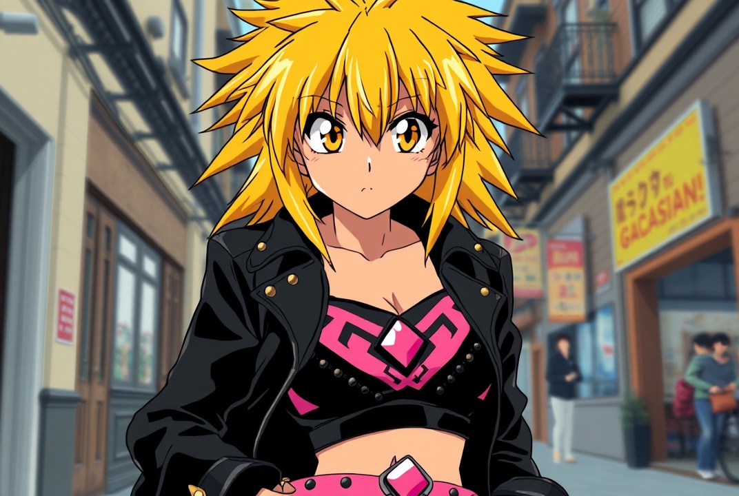 AI generated image by FLUX.1-schnell: takahiro kimura retro anime art, as gaogaigar character, 1997 anime style tv show screencap screenshot, golden orange eyes, big cartoonish eyes, golden yellow fallen grungy messy hair, big lionhair style, long messy spiky hair fringe bangs, tanned skin, black leather jacket, black leather pants, studded pink belt, black sport bra with pink and white designs, fit attractive femenine body with few muscular abs, woman, pink gem navel piercing, big breast, street background, better shaders