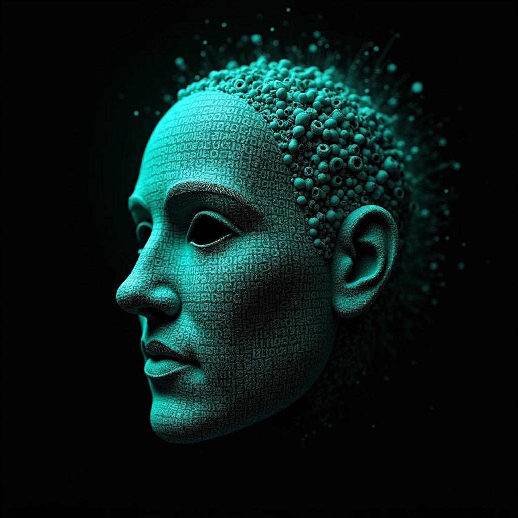 AI generated image by FLUX.1: Ada Lovelace's face as a digital mask made from thousands of turquoise numbers and formulas forming his face. the formulas and numbers fly behind the mask leaving a trail of complexity. the mask is floating dynamically in mid air. his head is turned to the right but his eyes are looking directly into the camera. the mask is on a black background.  like a png with black only background. photo realistic, sci-fi, human features hair