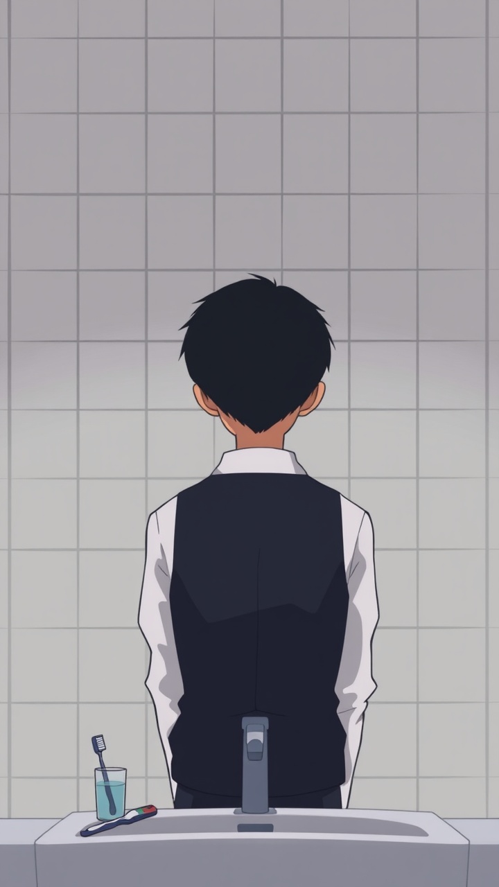 AI generated image by FLUX.1-schnell: Omocat's omori game artstyle, The image depicts a young person standing behind a bathroom sink facing them, their expression somber. Their dark hair is neatly styled, and they are dressed in a white shirt with a dark vest. The tiled walls behind them are plain and featureless, creating a sense of isolation. The only other elements in the scene are a toothbrush and a glass on the counter, suggesting a routine that the individual may find difficult to engage in. The overall mood of the image is melancholic, hinting at a sense of loneliness or sadness. The subdued colors and minimalist composition further contribute to the somber atmosphere.  The image leaves room for interpretation, inviting viewers to consider the inner thoughts and feelings of the subject.