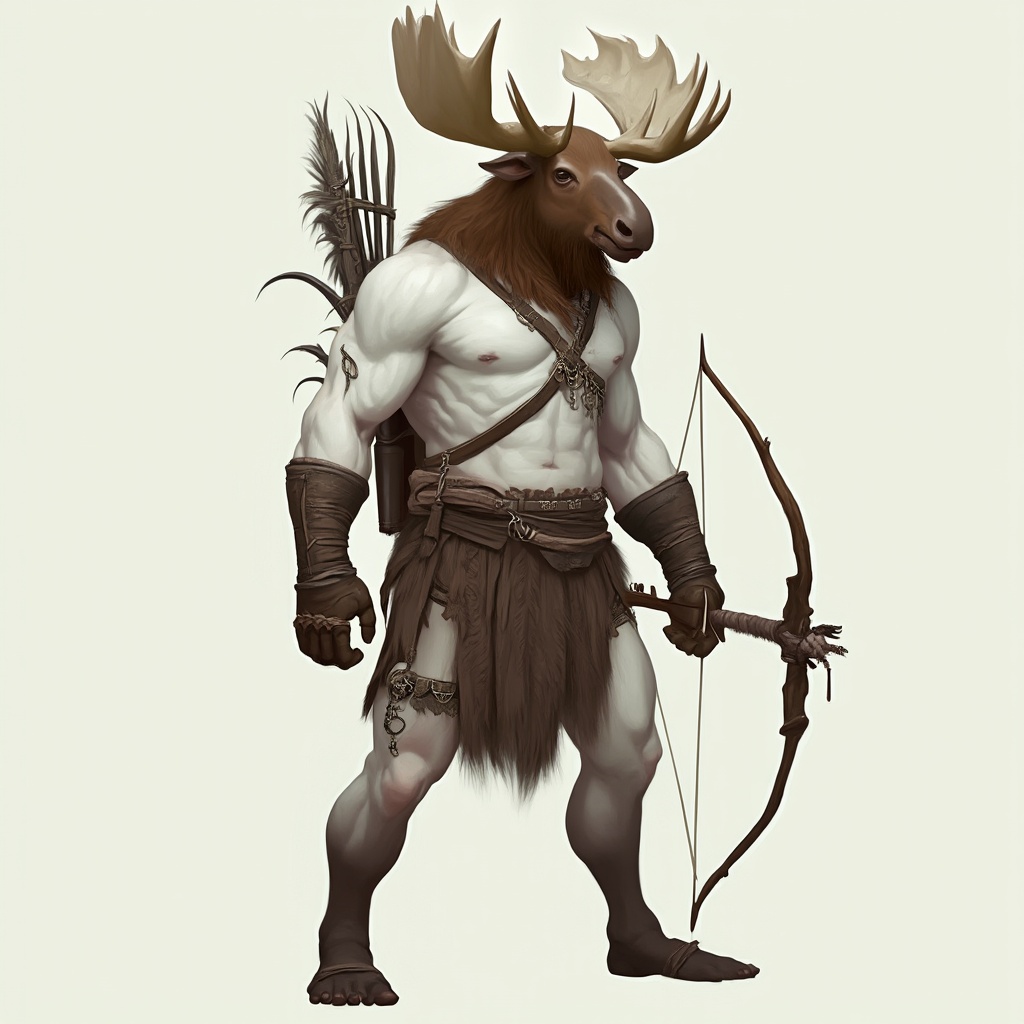 AI generated image by FLUX-Realism-Lora: A very tall, muscular, white-skinned humanoid being with the head of a moose, legs of a goat, a bow on his back, and a quiver. His head is brown