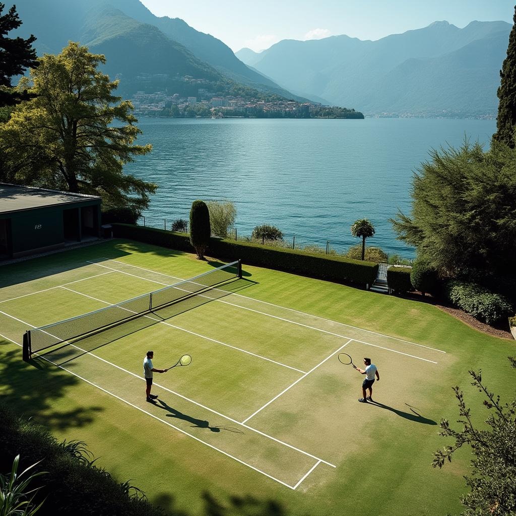 AI generated image by FLUX.1-pro: 2 men playing tennis on a tennis court. No one present except them. One on one side of the court, the other on the other side of the court.
Location: The expansive lawn of a grand villa (like Villa del Balbianello or Villa Melzi) on the central part of Lake Como, Italy.

The View: The court would be flanked by manicured Italian gardens and look directly across the lake to the opposing shore's colorful villages and the dramatic, rising foothills of the Alps.