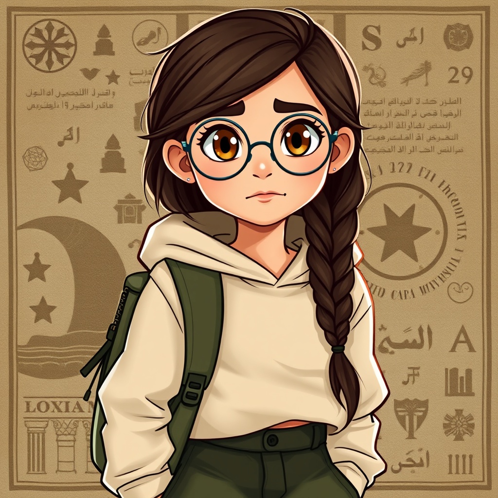 AI generated image by FLUX.1-schnell: A 13-year-old Arab girl with light olive skin, expressive hazel eyes, and long dark brown hair usually tied in a loose braid. She wears round glasses, reflecting her sharp intellect. Her outfit includes a light beige hoodie, dark green cargo pants, and comfortable sneakers. She carries a small satchel filled with maps, notes, and old books.
Menna’s overall look is clever, calm, and observant. She often has a curious, slightly raised eyebrow and a thoughtful expression. She's the team’s strategist and puzzle solver. A perfect background would include ancient ruins, mysterious symbols, or a half-open map.