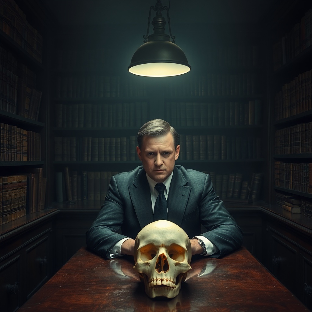 AI generated image by FLUX.1-schnell: A dark, moody study illuminated by a single hanging lamp that casts soft light over the scene. The person, dressed in a suit, sits at an old-fashioned wooden desk with the trepanated skull positioned front and center, a medium size hole in the skull. The person’s gaze is intense, locked onto the viewer as if asking a profound question. The surrounding walls are lined with bookshelves filled with ancient medical texts, adding to the seriousness of the moment.