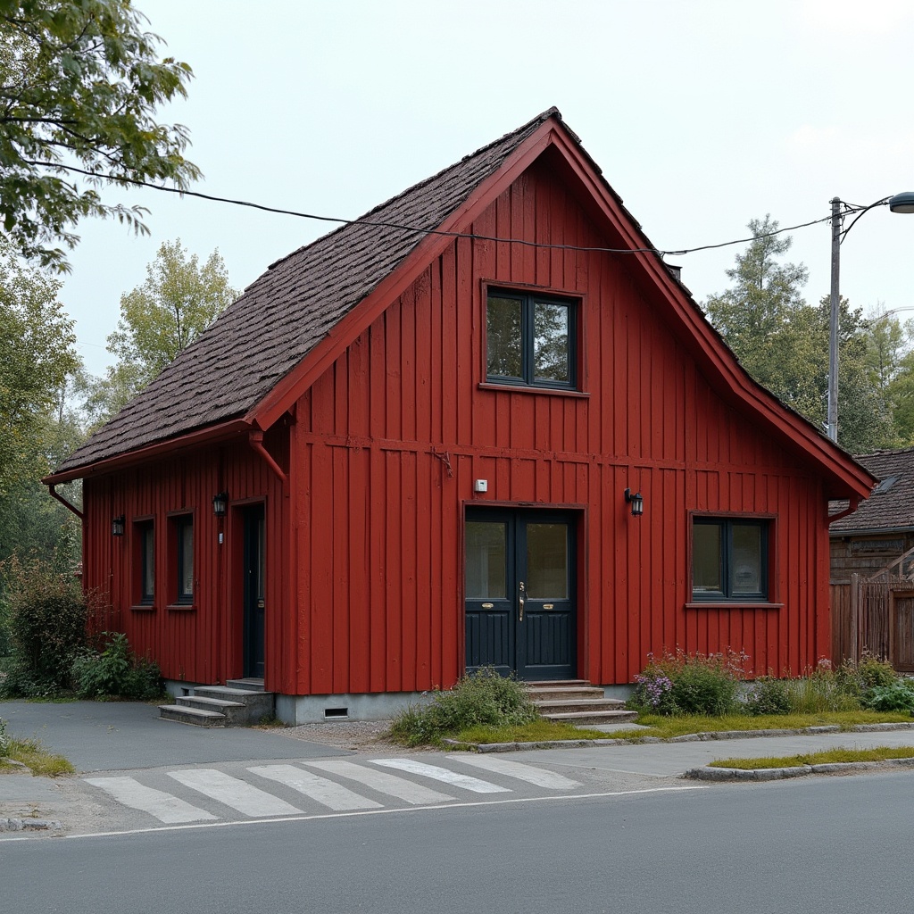 AI generated image by FLUX-Realism-Lora: a facade with red wood cladding. Scandinavian style. An asphalt street crossing in the foreground