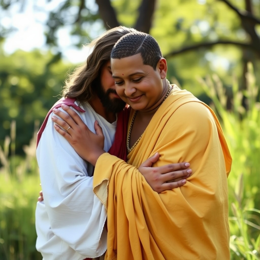 AI generated image by FLUX.1-schnell: Jesus and the buddha Gautama hugging, photo realistic, bright outdoors in a natural setting